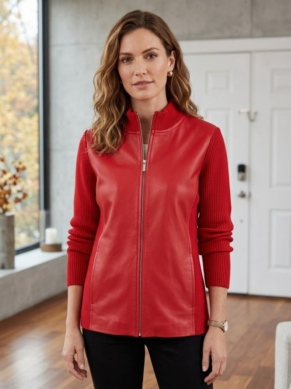Pendleton Red Genuine Leather Zip-Front Sweater